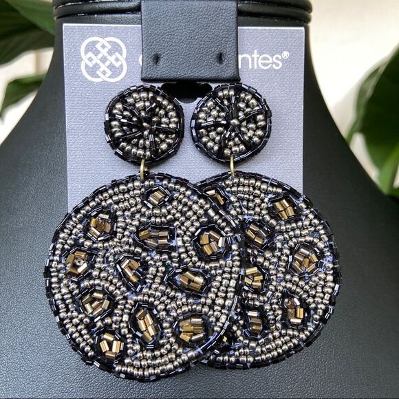Black/Tan Beaded Circles Dangle Daisy Fuentes Fashion Earrings - Picture 2 of 8